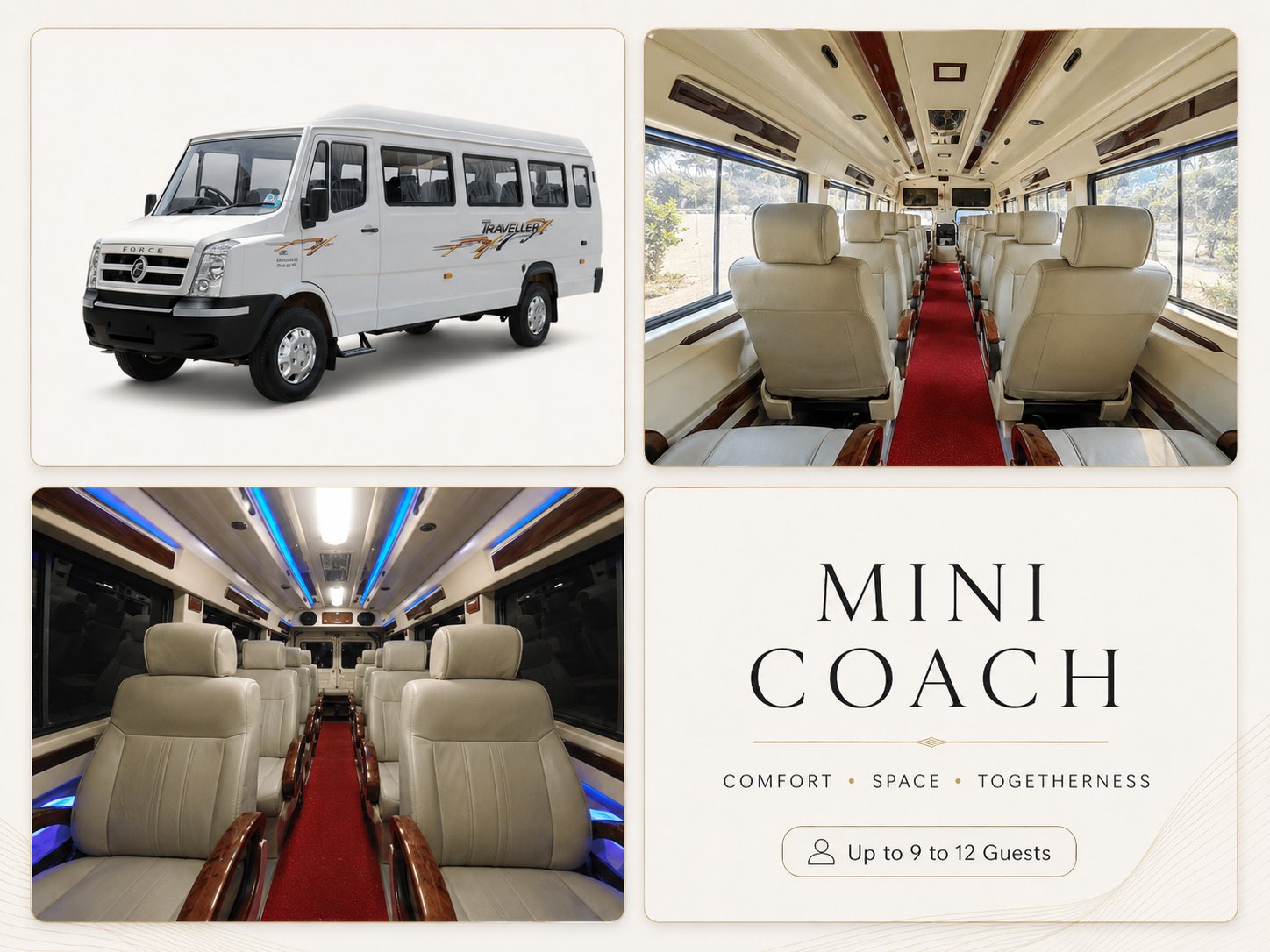 Force Tempo Traveller mini coach interior — 9 to 12 travelers