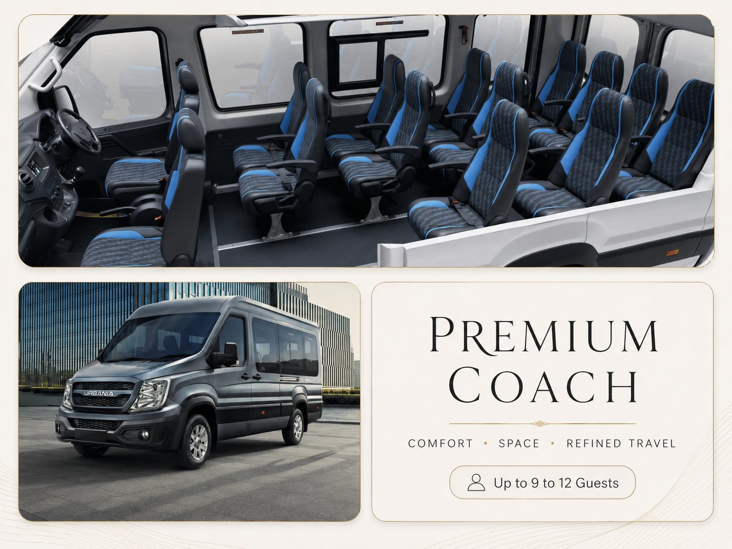 Force Urbania premium coach interior — 9 to 12 travelers